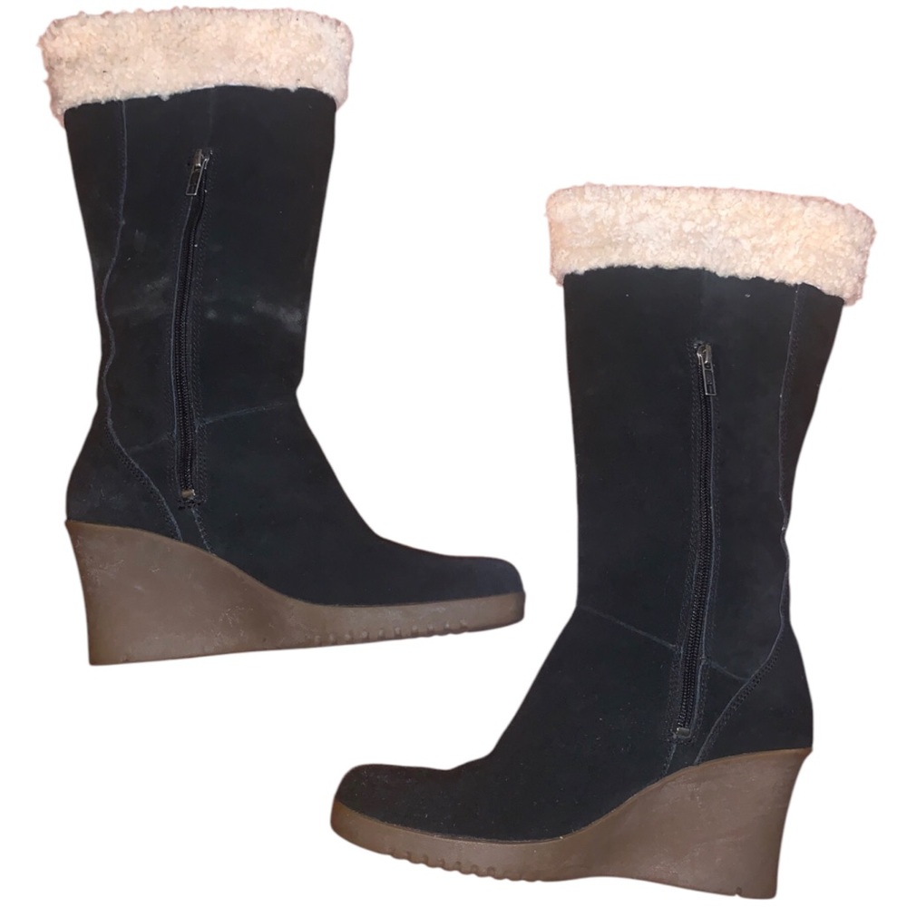 Y2K UGG Australia Black Suede Fur Wedge Heel Calf Trim Boots